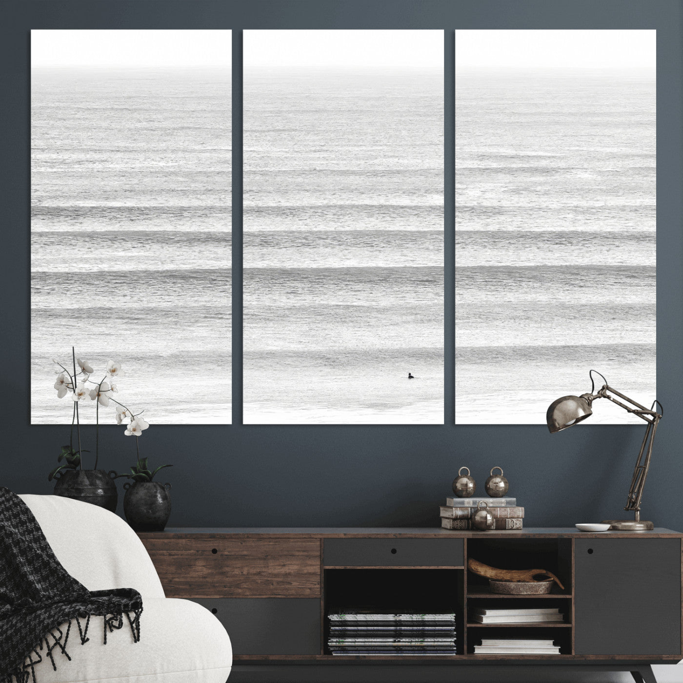 66534476-MGV-CV-36X24-Lone Surfer Wall Art Canvas Print, Framed Ocean Waves Art Picture Print, Minimal Sea Perfect Minimal Coastal Decor Artwork