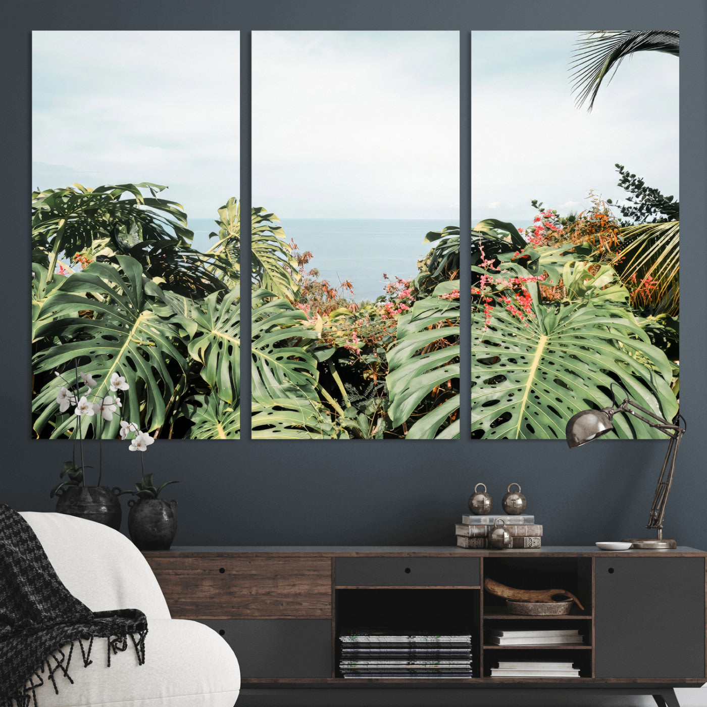 45700479-MGV-CV-36X24-Monstera Leaves Wall Art Canvas Print, Framed Tropical Ocean Art Picture Print, Tropical Foliage Perfect Tropical Coastal Jungle