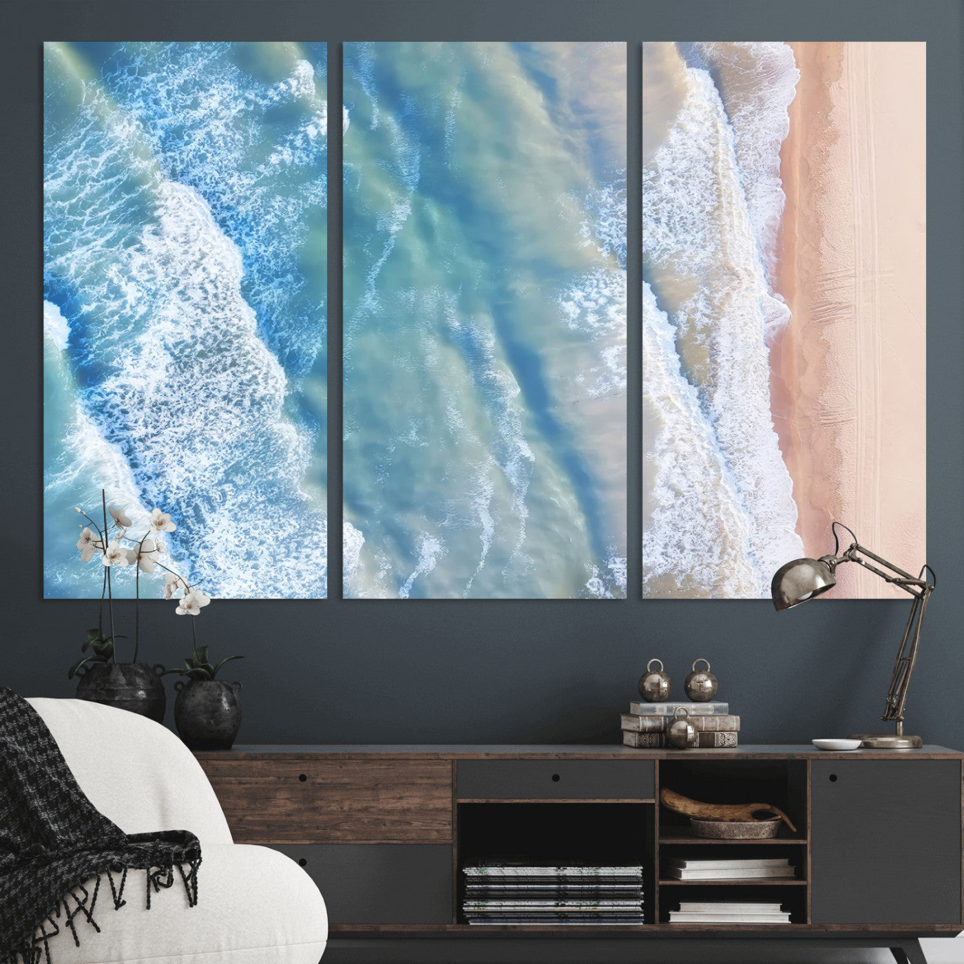 17641845-MGV-CV-36X24-Aerial Ocean Wall Art Canvas Print, Framed Blue Waves Art Picture Print, Sandy Shoreline Perfect Modern Coastal Decor Artwork