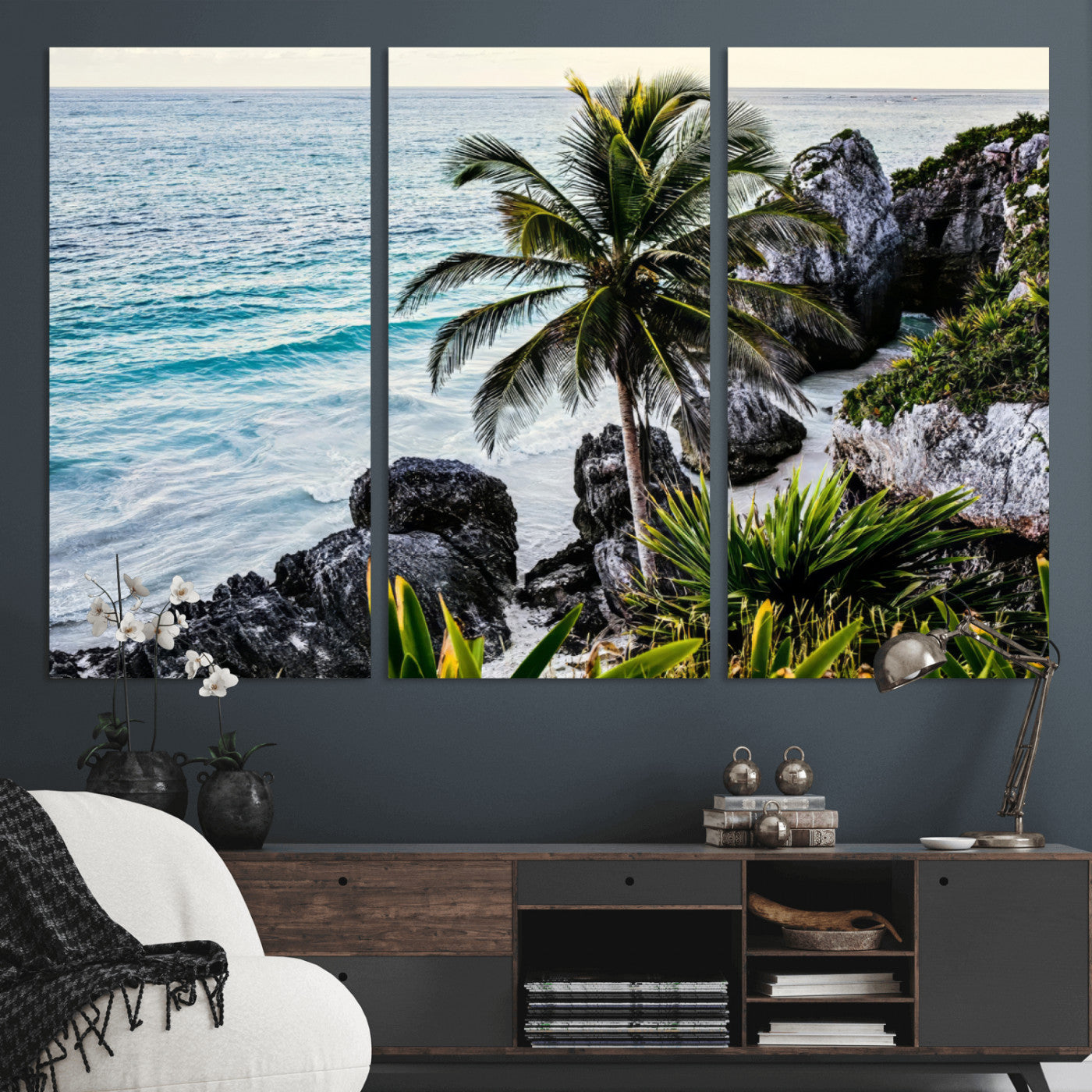 94669907-MGV-CV-36X24-Tropical Coastline Wall Art Canvas Print, Framed Palm Tree Art Picture Print, Rocky Beach Perfect Tropical Coastal Decor Artwork