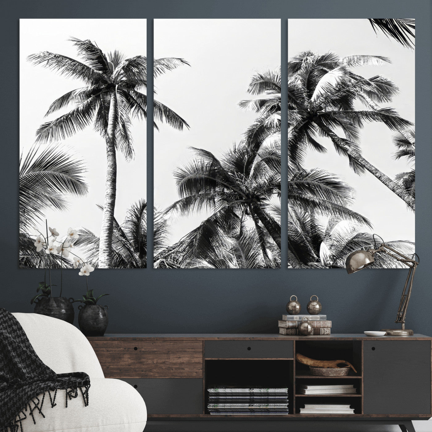 46641801-MGV-CV-36X24-Palm Tree Wall Art Canvas Print, Framed Black White Tropics Art Picture Print, Monochrome Palms Perfect Modern Tropical Minimalist