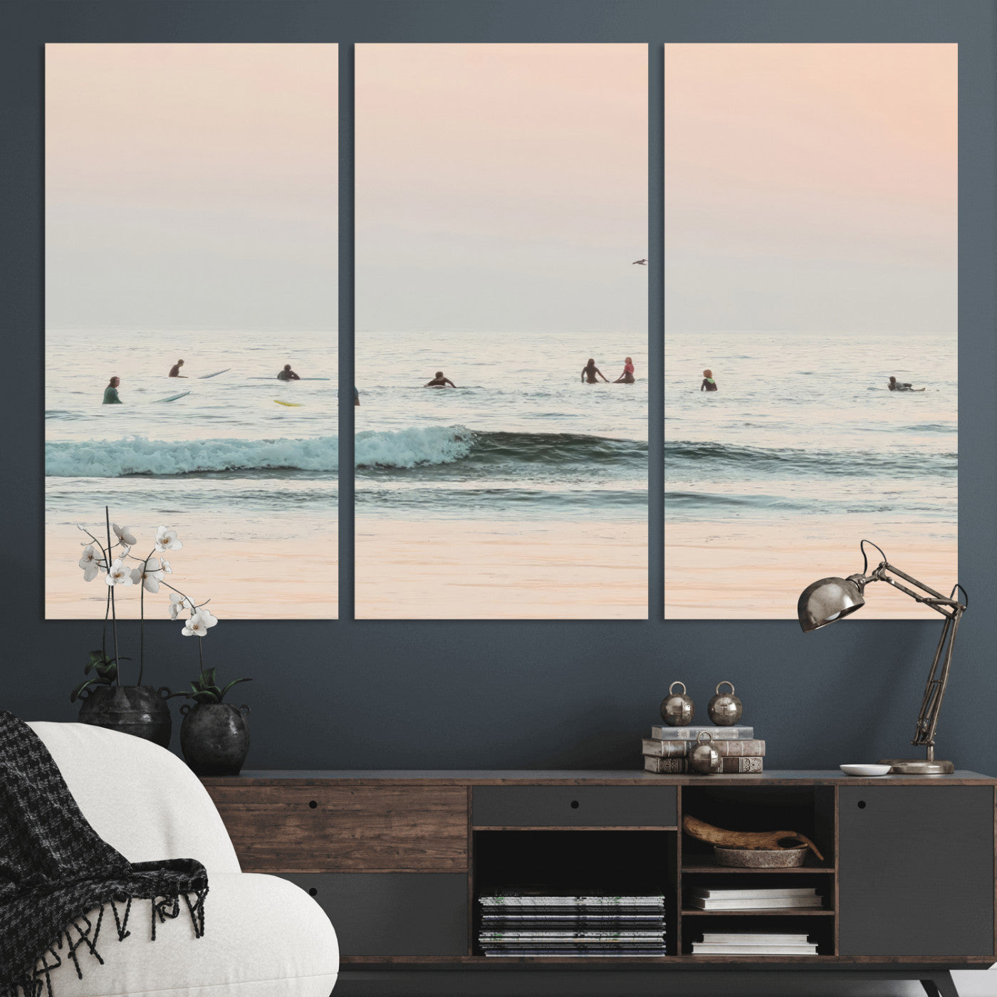 98888919-MGV-CV-36X24-Pastel Ocean Wall Art Canvas Print, Framed Soft Sunset Swimming Art Picture Print, Calm Sea Horizon Perfect Soft Coastal