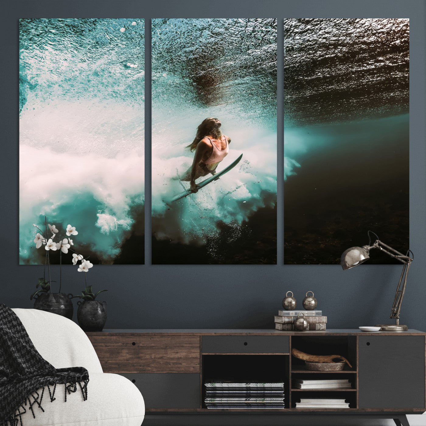 85923512-MGV-CV-36X24-Aquatic Motion Wall Art Canvas Print, Framed Underwater Swimming Art Picture Print, Female Surfer Diving Perfect Coastal Boho