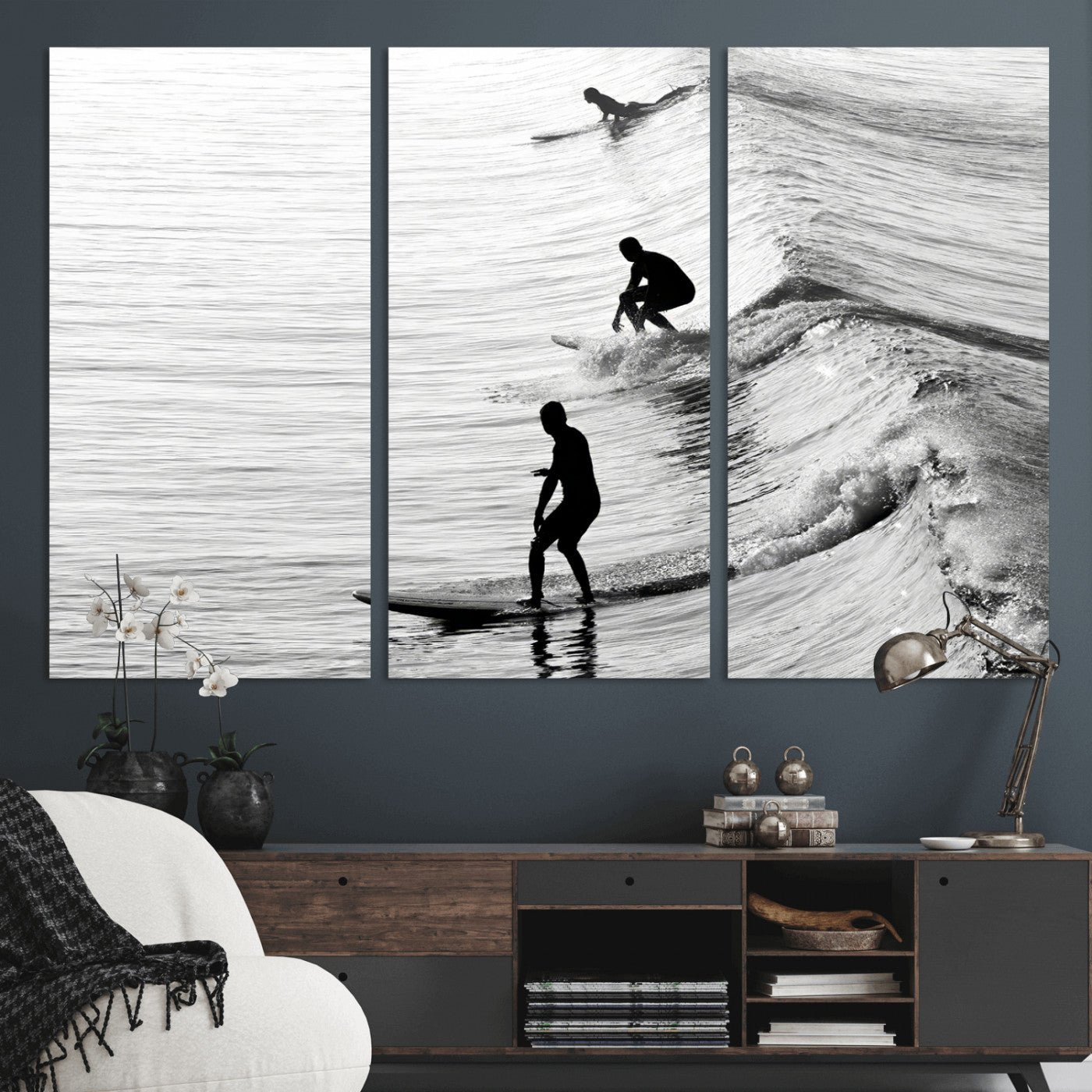 19875284-MGV-CV-36X24-Surfer Waves Wall Art Canvas Print, Framed Black White Surf Art Picture Print, Monochrome Ocean Perfect Modern Coastal Decor