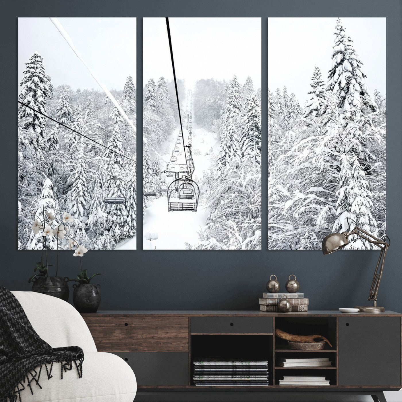 44705668-MGV-CV-36X24-Winter Forest Wall Art Canvas Print, Framed Snowy Forest Art Picture Print, Ski Lift Perfect Scandinavian Decor Artwork