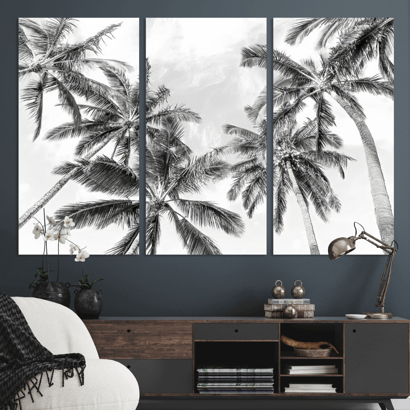 62113786-MGV-CV-36X24-Black White Palm Wall Art Canvas Print, Framed Monochrome Tropics Art Picture Print, Minimalist Beach Perfect Coastal Minimalist