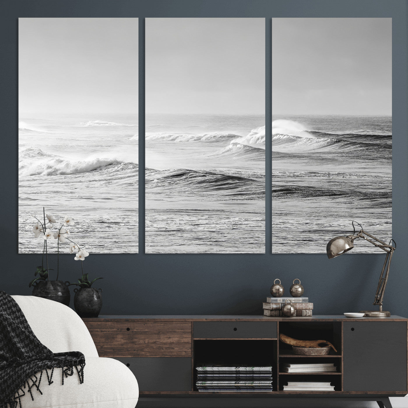 98634812-MGV-CV-36X24-Black and White Ocean Waves Wall Art – Minimalist Sea Canvas Print, Coastal Photography Decor for Living Room, Bedroom or Office