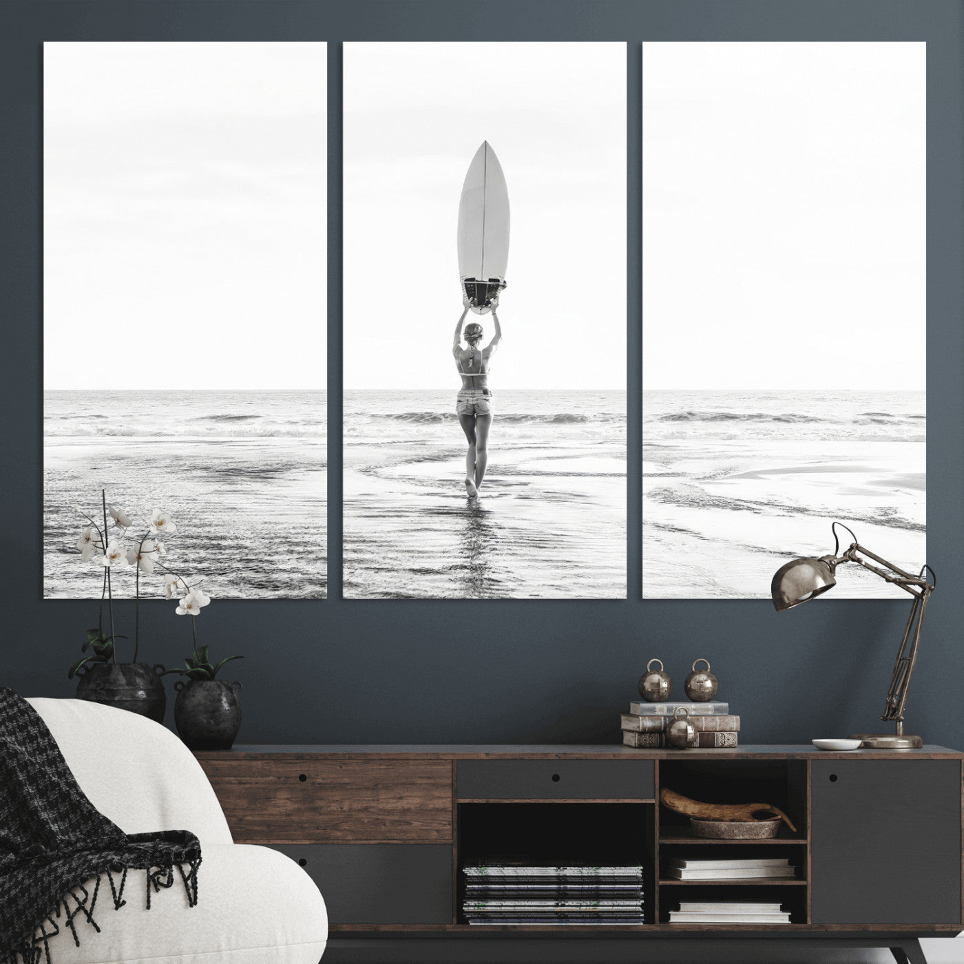 98446901-MGV-CV-36X24-Monochrome Surf Wall Art Canvas Print, Framed Minimalist Surfer Art Picture Print, Surfboard Silhouette Perfect Coastal Minimalist