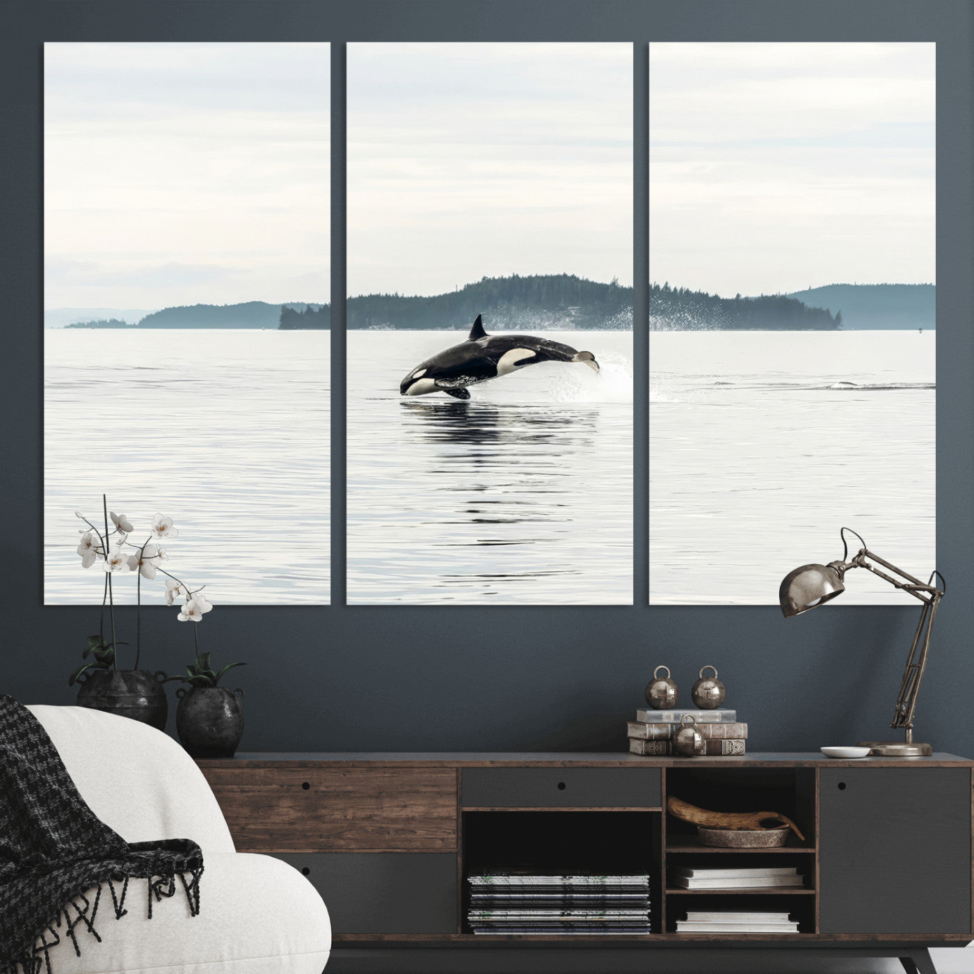 10157174-MGV-CV-36X24-Orca Whale Wall Art Canvas Print, Framed Black White Whale Art Picture Print, Minimalist Ocean Perfect Coastal Minimalist Decor
