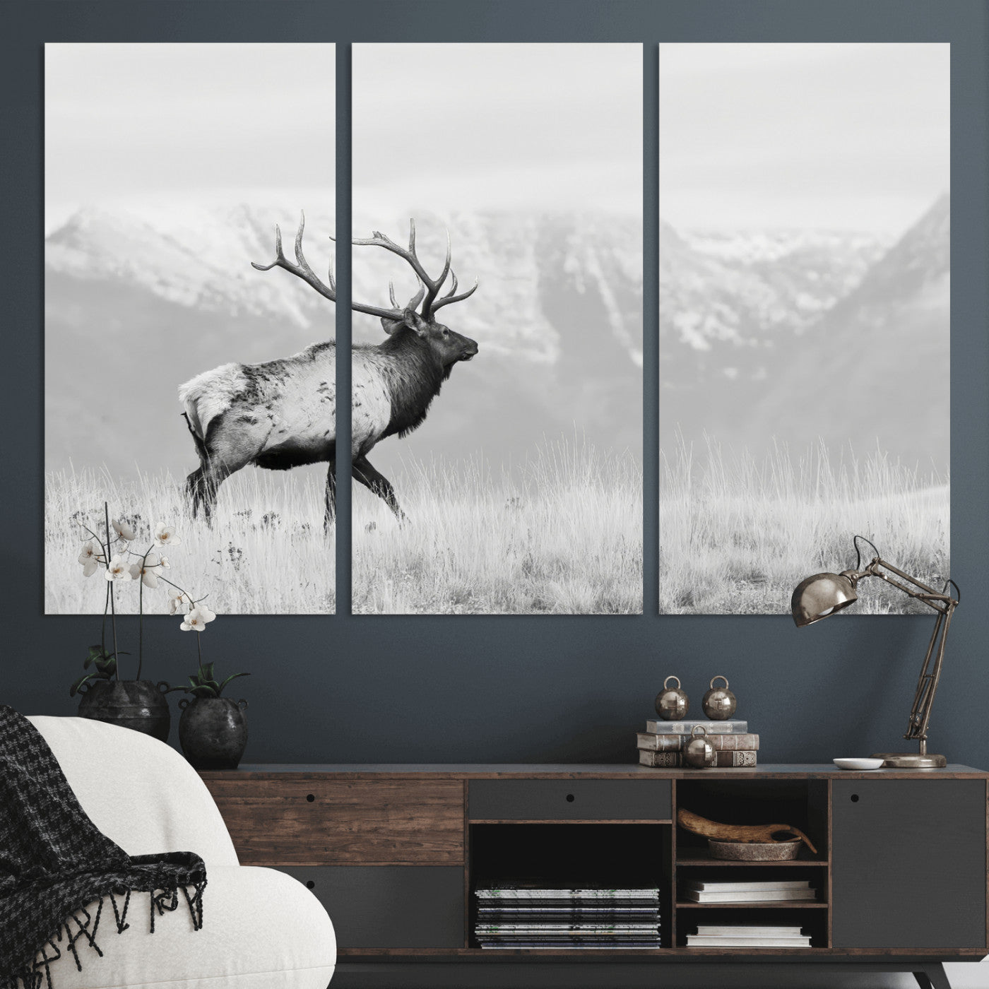 62278753-MGV-CV-36X24-Monochrome Elk Wall Art Canvas Print, Framed Mountain Wildlife Art Picture Print, Rustic Nature Perfect Rustic Minimalist Decor