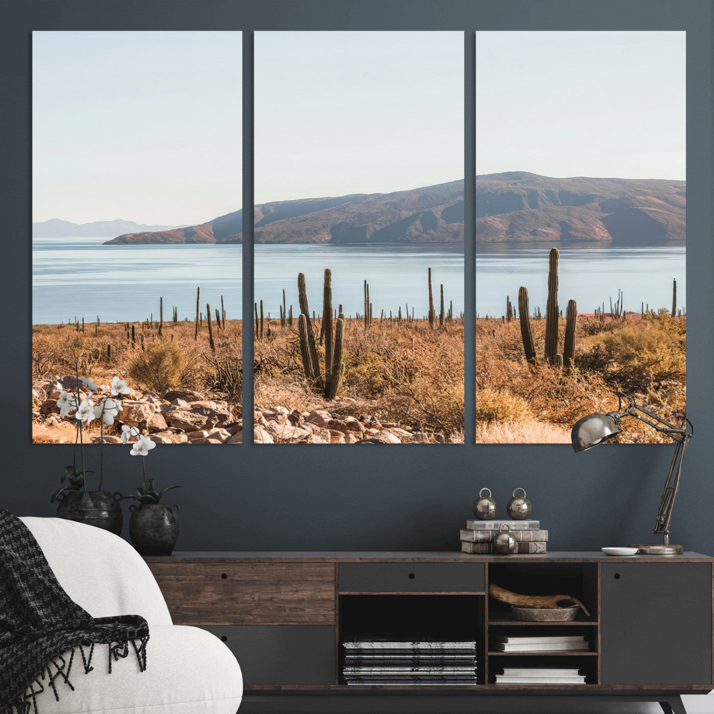 45193515-MGV-CV-36X24-Desert Cactus Wall Art Canvas Print, Framed Baja Coastline Art Picture Print, Coastal Desert Perfect Southwestern Minimalist Decor