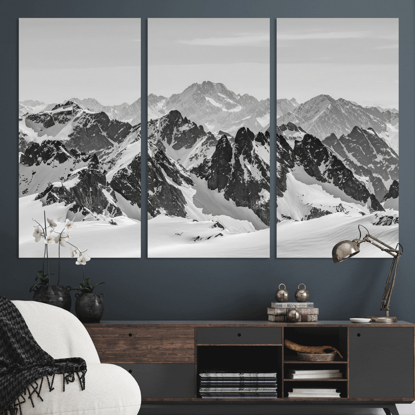 46884246-MGV-CV-48X32-3P-Snowy Mountain Wall Art Canvas Print, Framed Mountain Peaks Art Picture Print, Alpine Mountains Perfect Minimalist Alpine Decor