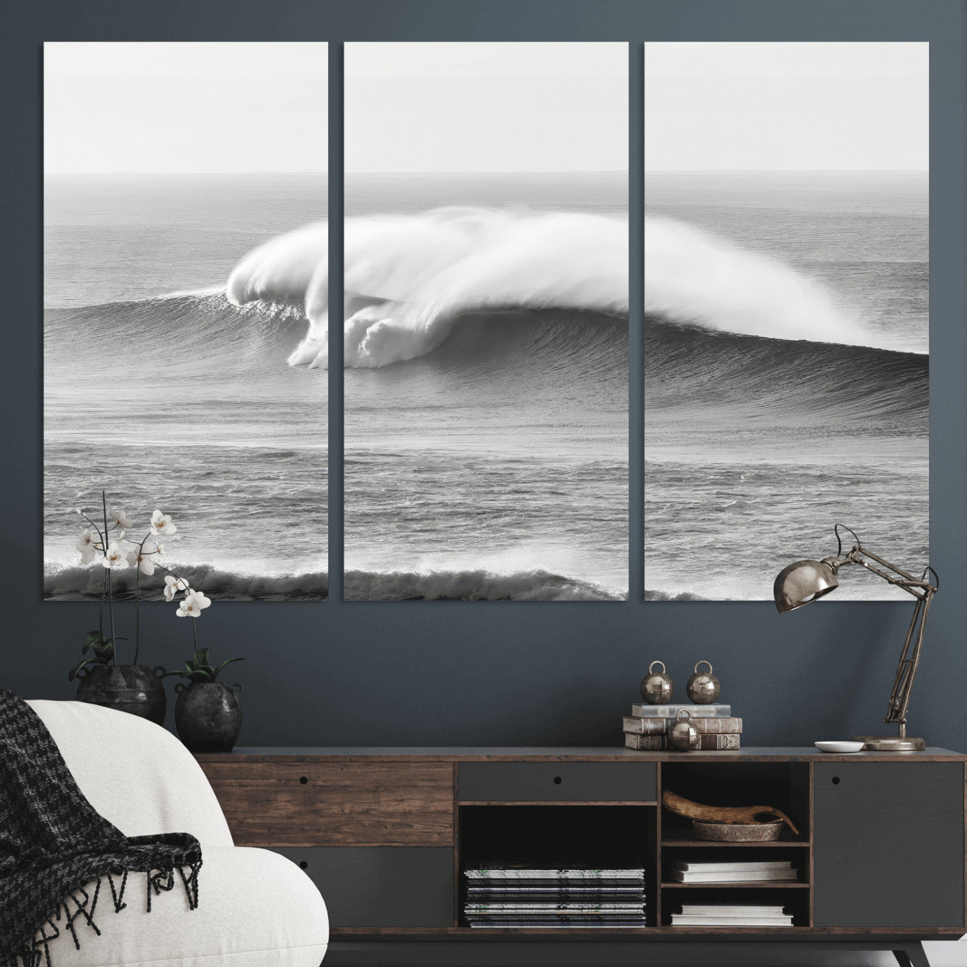 42544082-MGV-CV-36X24-Monochrome Seascape Wall Art Canvas Print, Framed Surf Wave Art Picture Print, Minimalist Ocean Perfect Moody Coastal Decor