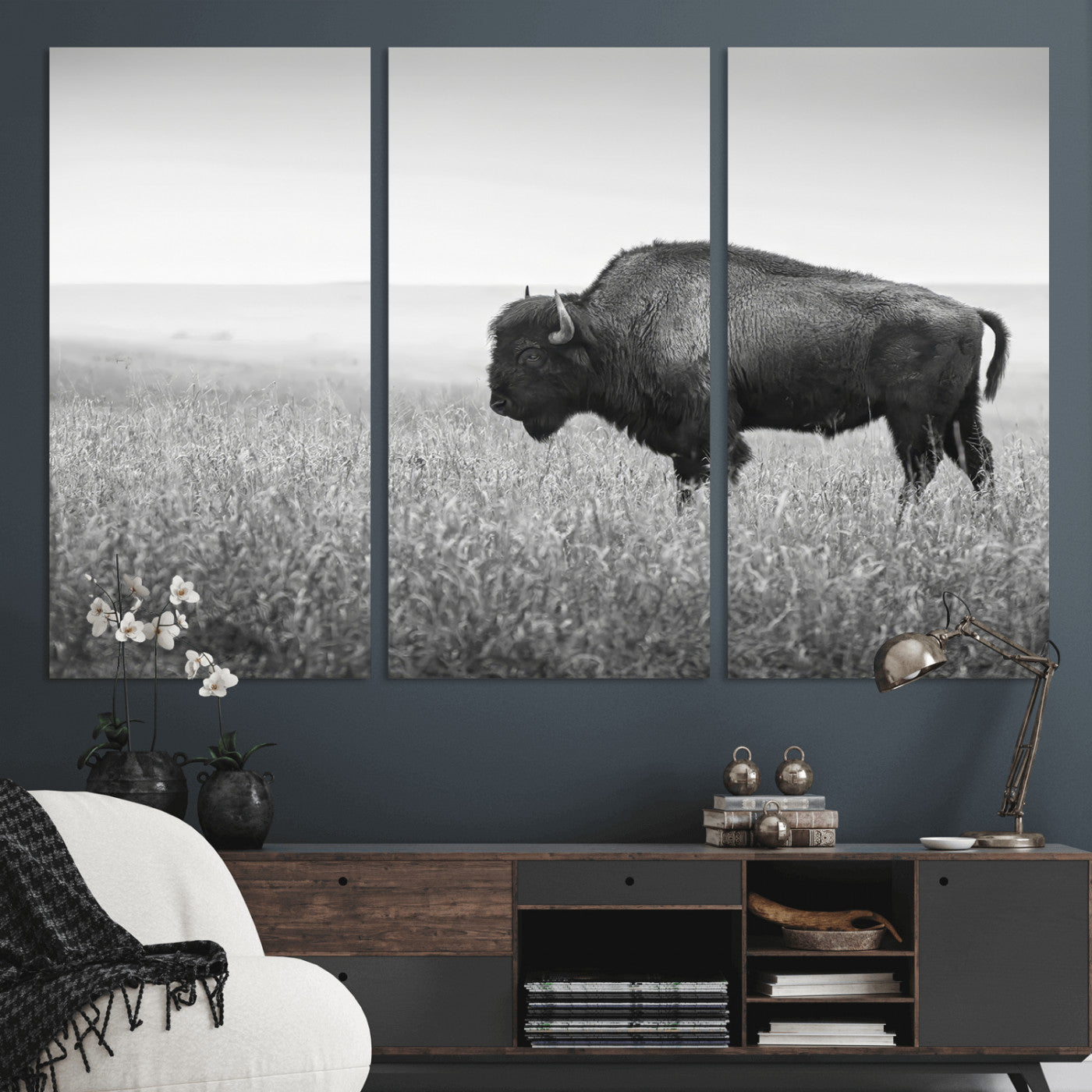 28435251-MGV-CV-36X24-Bison In Prairie Wall Art Canvas Print, Framed Rustic Wildlife Art Picture Print, Wild Buffalo Perfect Rustic Western Decor