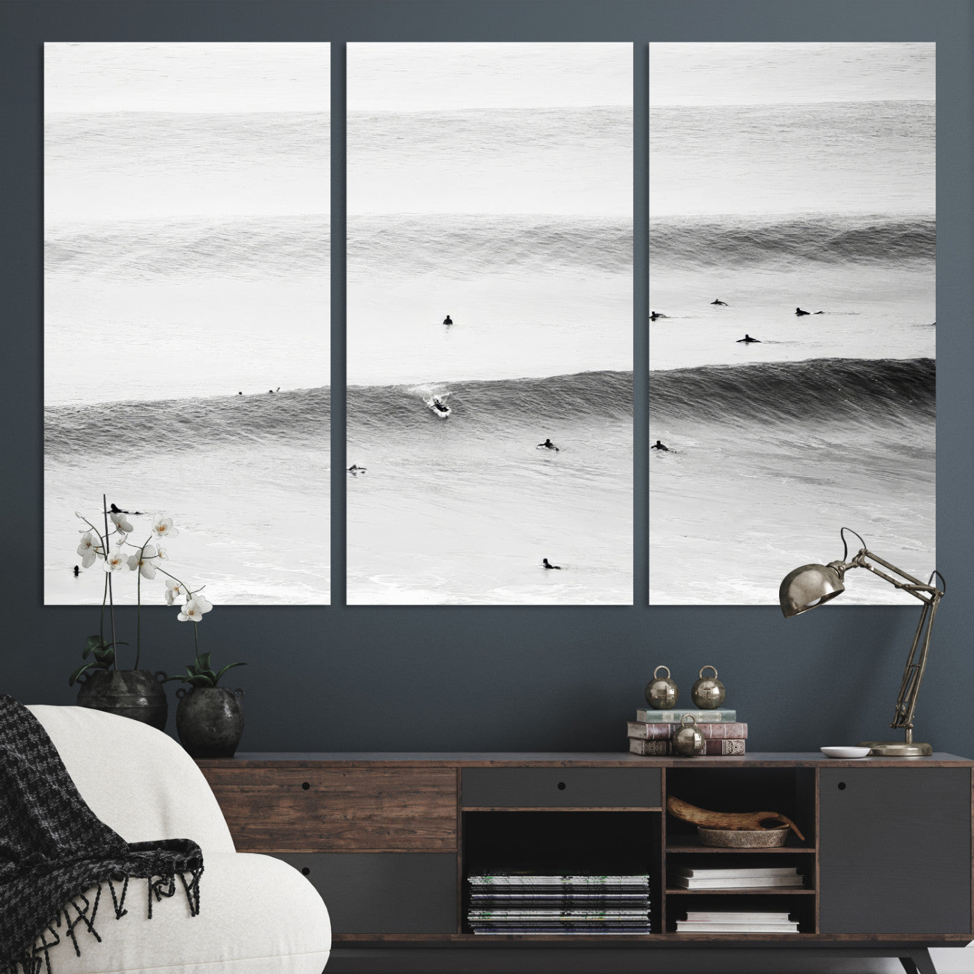 54291445-MGV-CV-36X24-Black White Ocean Wall Art Canvas Print, Framed Coastal Sport Art Picture Print, Ocean Culture Perfect Minimalist Coastal Decor