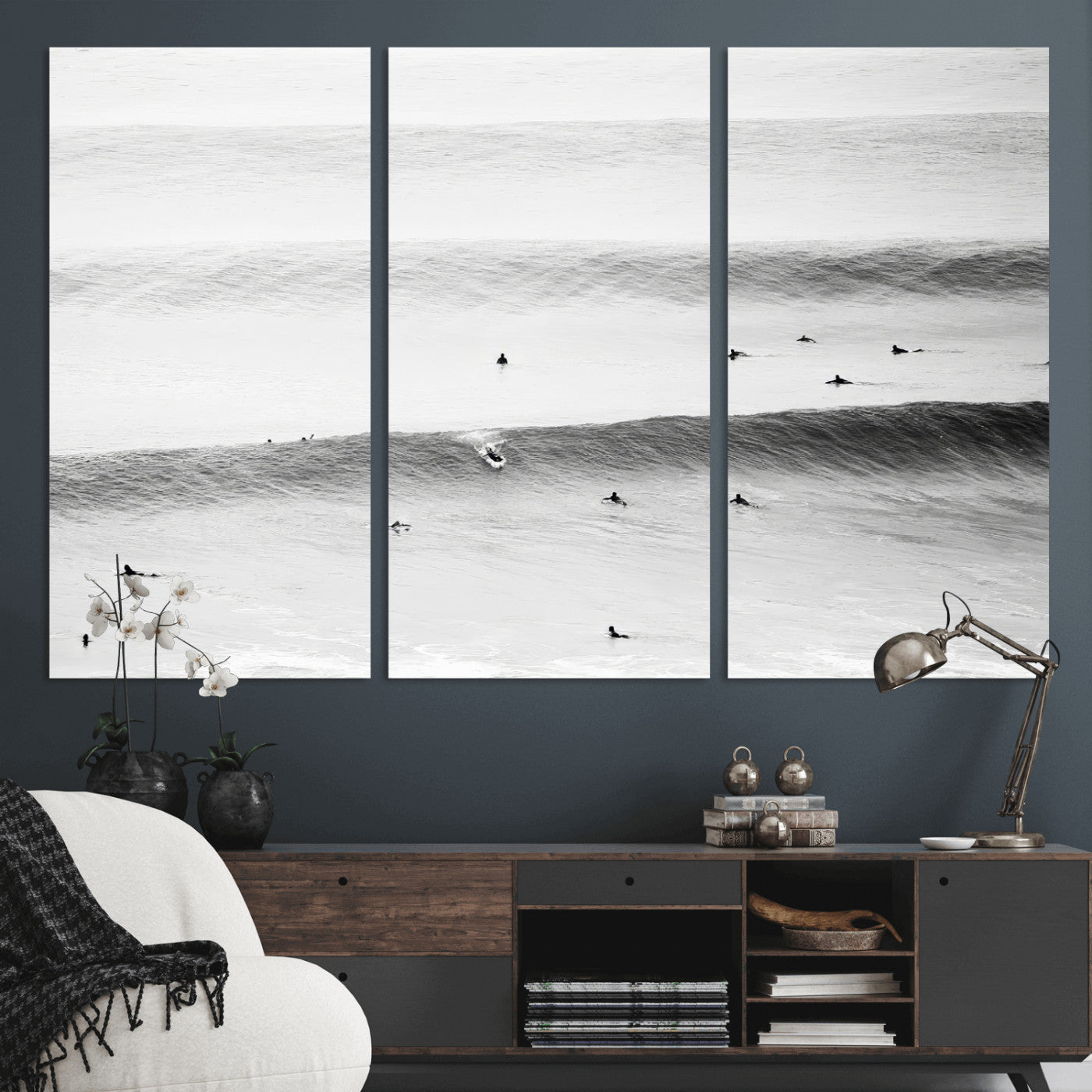 54291445-MGV-CV-48X32-3P-Black White Ocean Wall Art Canvas Print, Framed Coastal Sport Art Picture Print, Ocean Culture Perfect Minimalist Coastal Decor