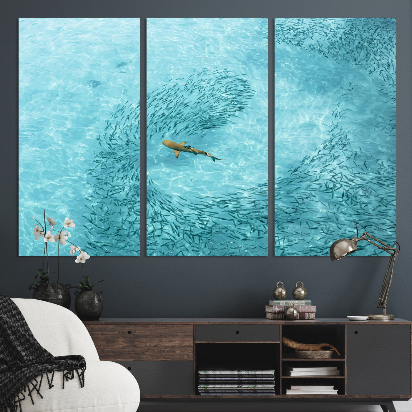 43671474-MGV-CV-36X24-Fish Swarm Wall Art Canvas Print, Framed Marine Life Art Picture Print, Shark Aerial Perfect Wildlife Coastal Decor Artwork