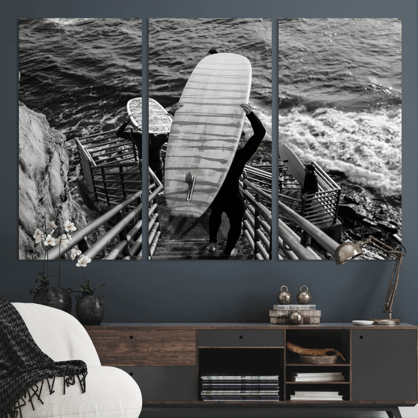 32353707-MGV-CV-48X32-3P-Black White Surfing Wall Art Canvas Print, Framed Coastal Surfing Art Picture Print, Wave Riders Perfect Coastal Adventure Decor