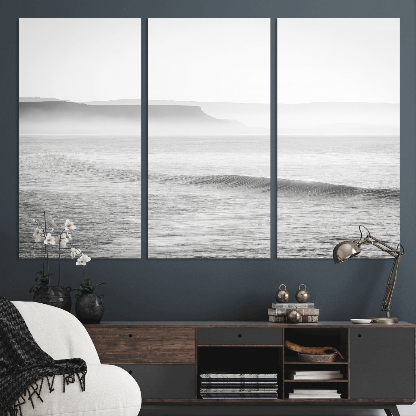 60635783-MGV-CV-36X24-Black White Seascape Wall Art Canvas Print, Framed Ocean Waves Art Picture Print, Misty Coastal Perfect Minimalist Coastal Decor