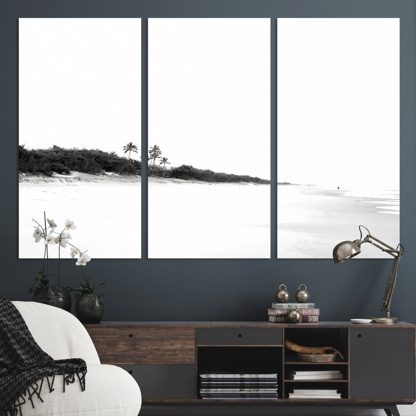 29611516-MGV-CV-36X24-Black White Beach Wall Art Canvas Print, Framed Palm Trees Art Picture Print, Monochrome Tropical Perfect Minimalist Coastal Decor