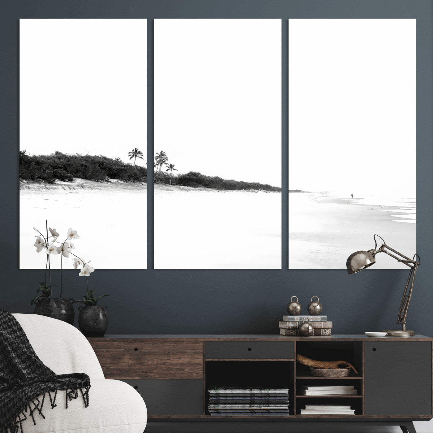 29611516-MGV-CV-36X24-Black White Beach Wall Art Canvas Print, Framed Palm Trees Art Picture Print, Monochrome Tropical Perfect Minimalist Coastal Decor