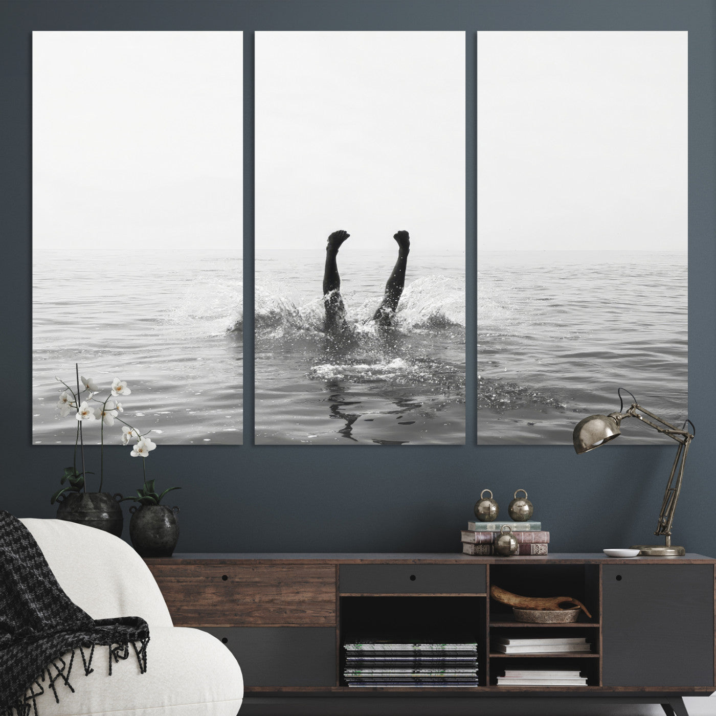 26667396-MGV-CV-36X24-Black White Ocean Wall Art Canvas Print, Framed Monochrome Water Art Picture Print, Diving into Water Perfect Minimalist Aquatic