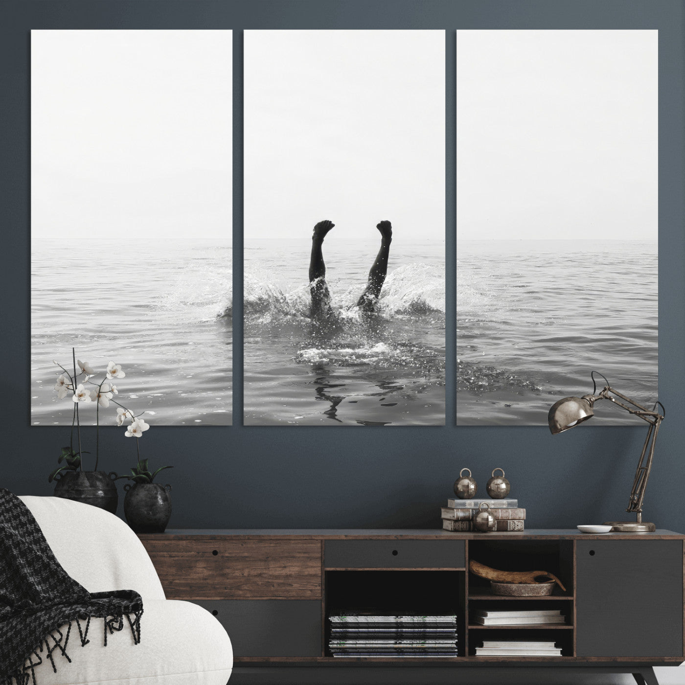 26667396-MGV-CV-36X24-Black White Ocean Wall Art Canvas Print, Framed Monochrome Water Art Picture Print, Diving into Water Perfect Minimalist Aquatic