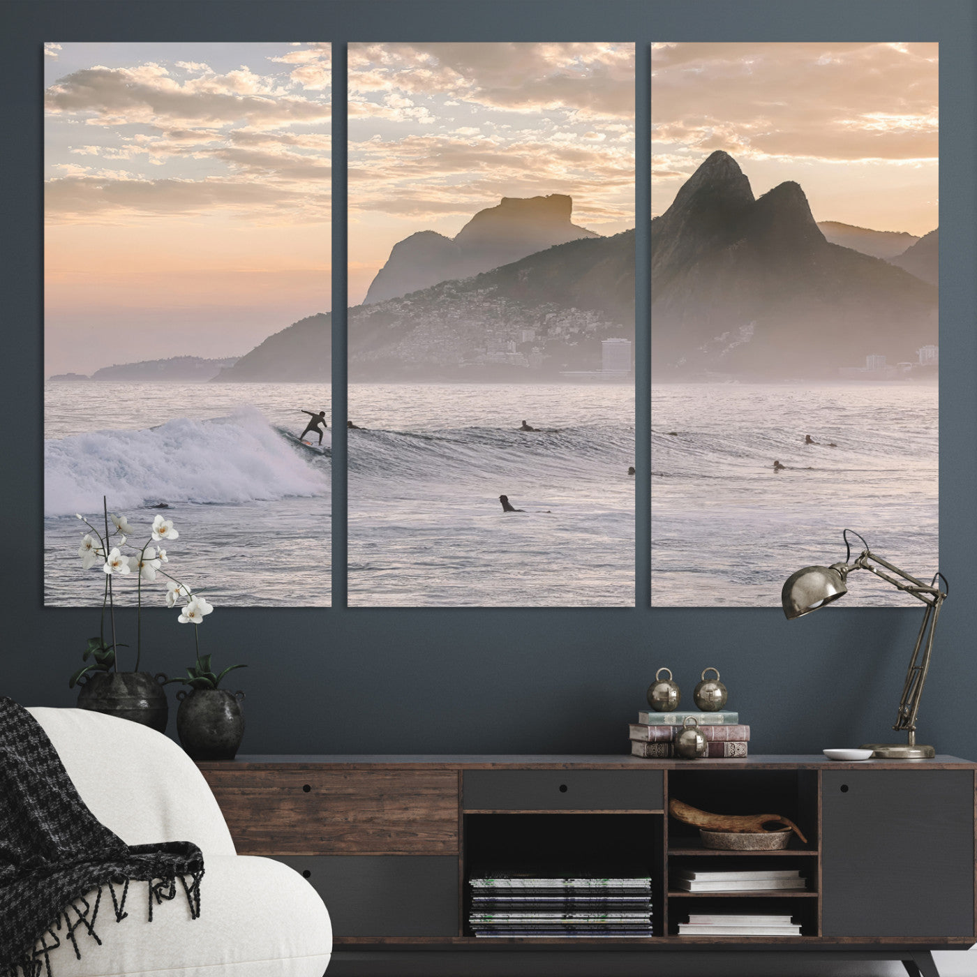 70644906-MGV-CV-36X24-Sunset Surfing Wall Art Canvas Print, Framed Misty Mountains Art Picture Print, Surfer Riding Wave Perfect Coastal Adventure Decor