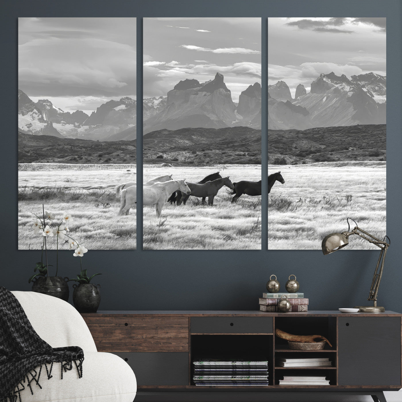 21655040-MGV-CV-36X24-Wild Horses Wall Art Canvas Print, Framed Black White Mountains Art Picture Print, Rustic Countryside Perfect Rustic Western Decor
