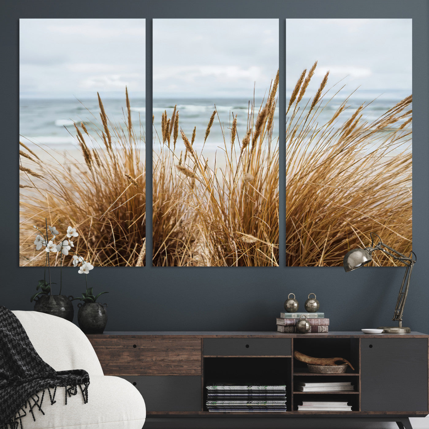14270839-MGV-CV-36X24-Beach Grass Wall Art Canvas Print, Framed Coastal Dunes Art Picture Print, Dune Grass Perfect Coastal Minimalist Decor Artwork