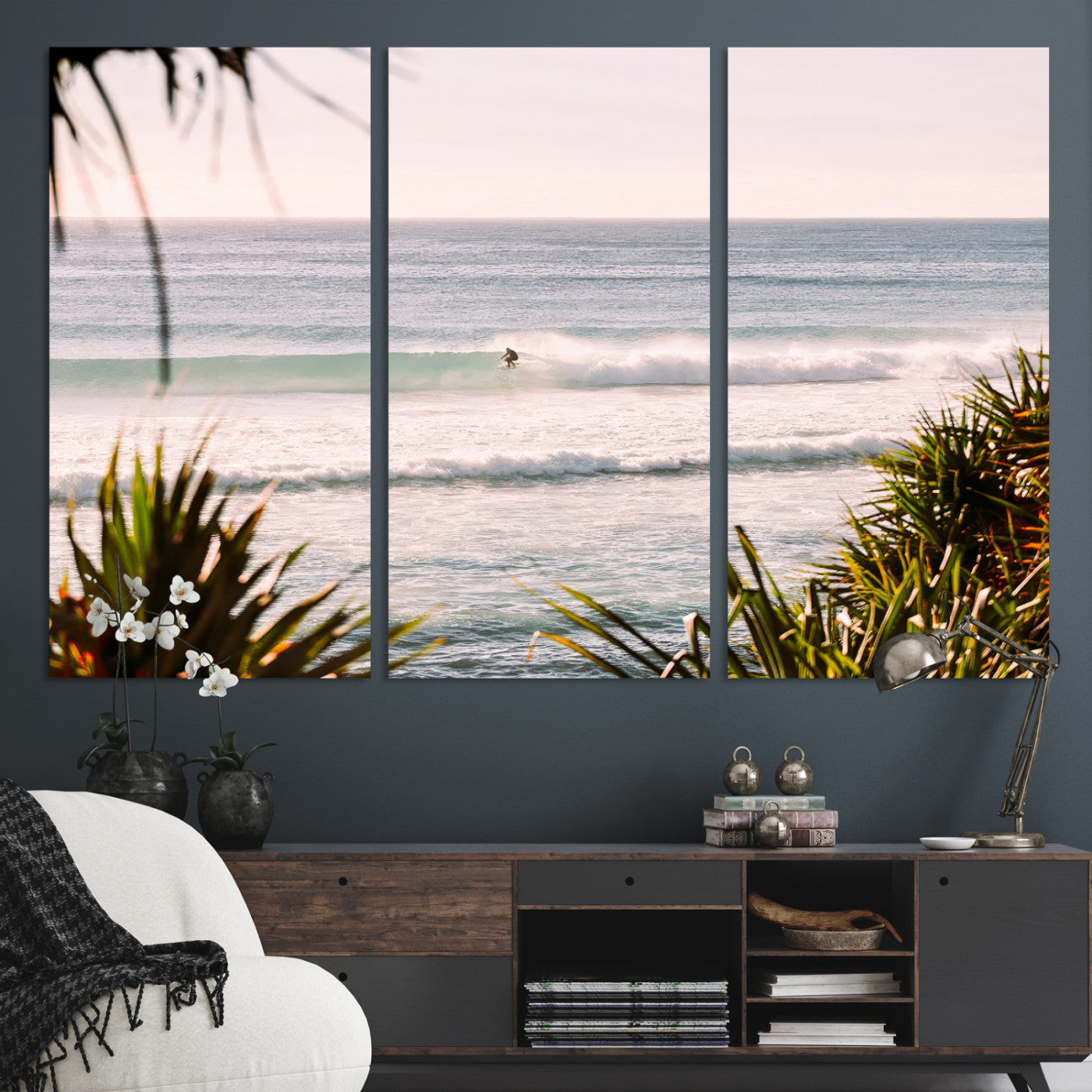 23287092-MGV-CV-36X24-Ocean Surfer Wall Art Canvas Print, Framed Coastal Surf Art Picture Print, Tropical Beach Perfect Tropical Coastal Decor Artwork