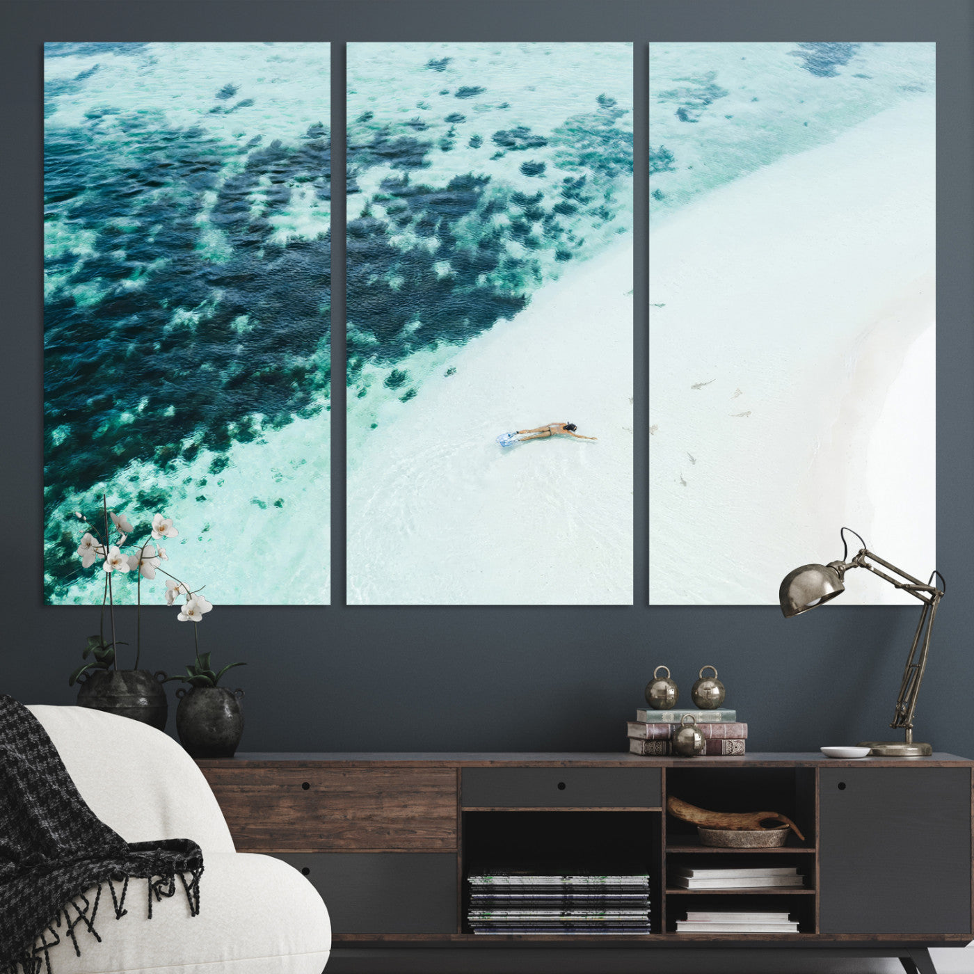 33764764-MGV-CV-36X24-Minimal Beach Wall Art Canvas Print, Framed Ocean Swimming Art Picture Print, Clear Ocean Perfect Minimal Coastal Decor Artwork