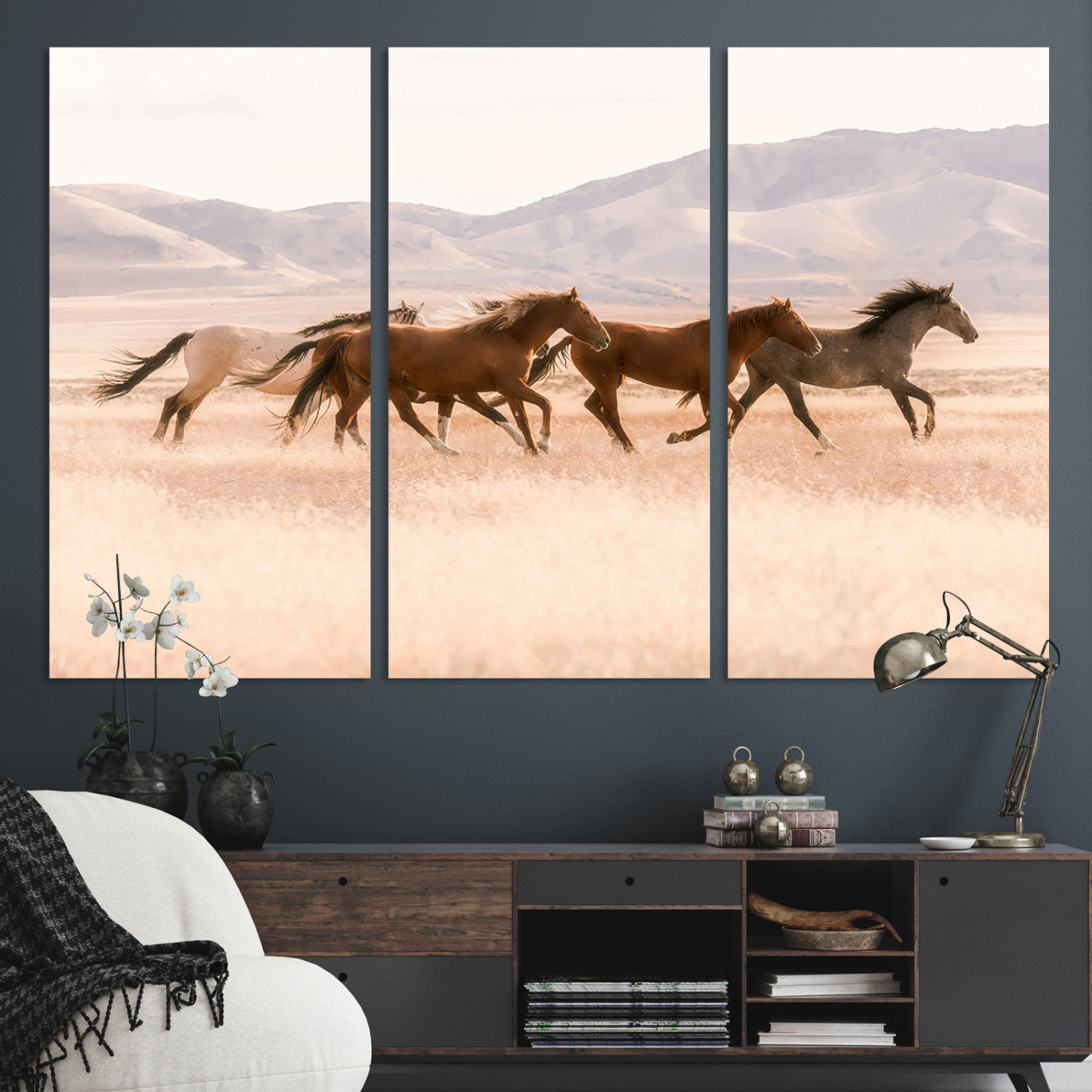 83644685-MGV-CV-36X24-Wild Horse Art Wall Art Canvas Print, Framed Rustic Western Art Picture Print, Desert Horse Scene Perfect Rustic Western Decor