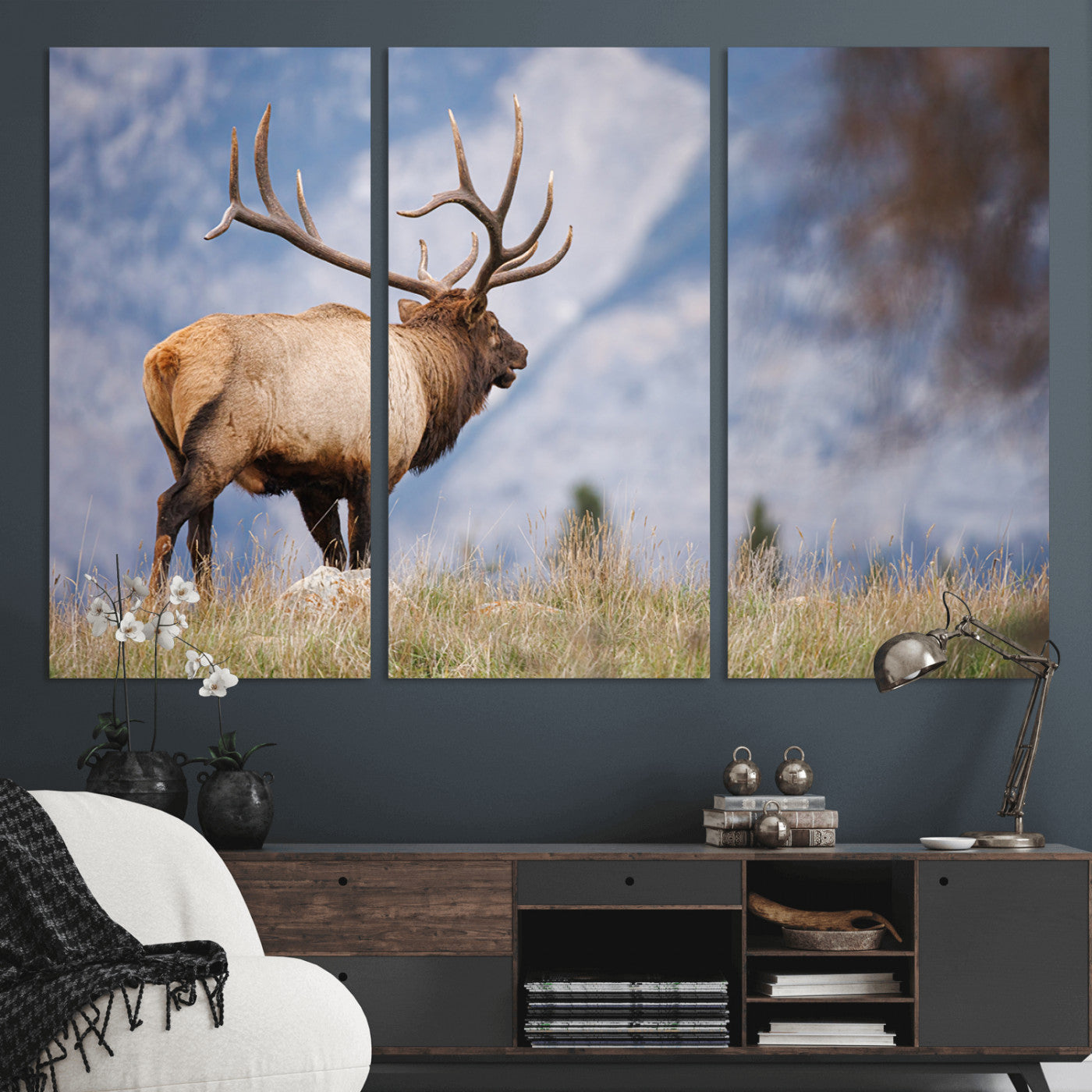 26365841-MGV-CV-48X32-3P-Mountain Elk Art Wall Art Canvas Print, Framed Rustic Wildlife Print Art Picture Print, Lodge Style Decor Perfect Rustic Lodge