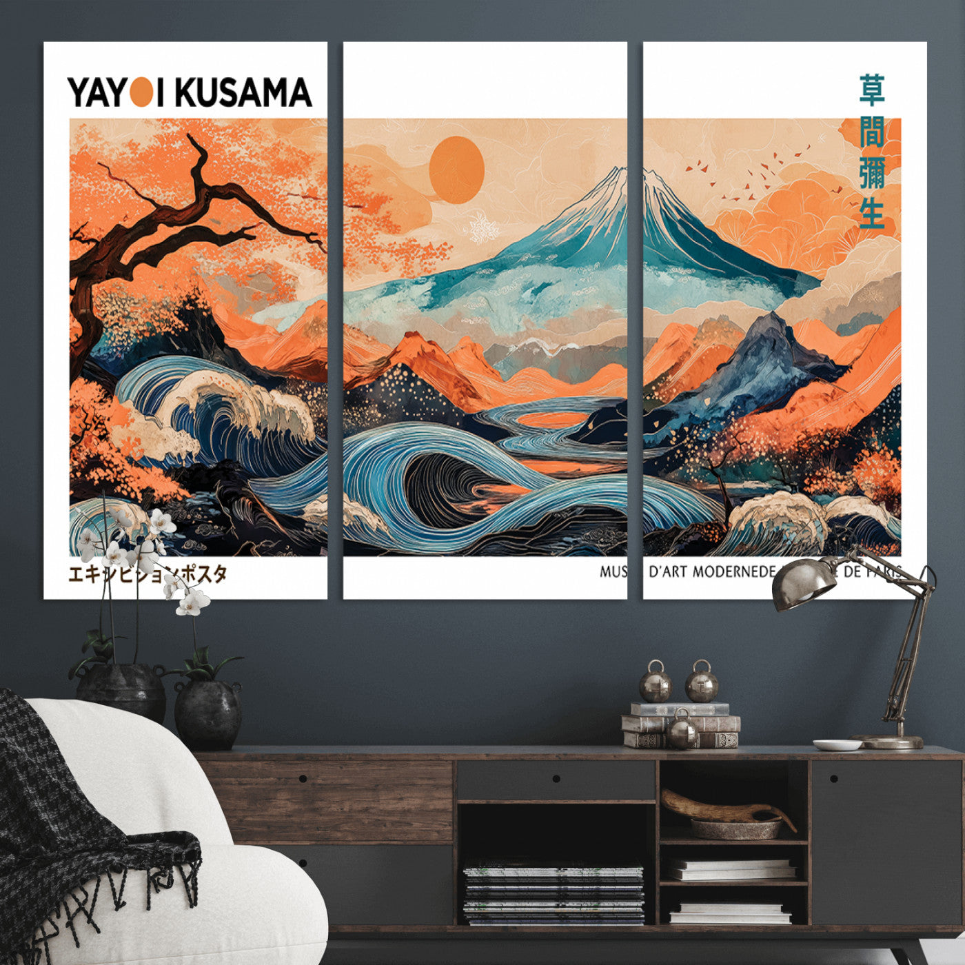 88785870-MGV-CV-48X32-3P-Japanese Great Wave & Mt Fuji Wall Art – Ukiyo e Style Landscape Print with Flowing River, Autumn Mountain Poster, Oriental Asian