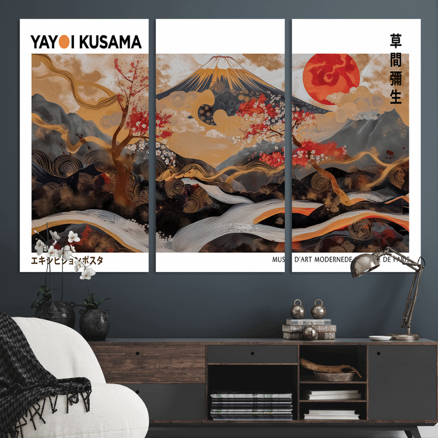 40959107-MGV-CV-36X24-Japanese Fuji Wall Art Print – Red Sun & Cherry Blossom Poster, Gold Wave Ukiyo-e Inspired Modern Japan Landscape Painting,