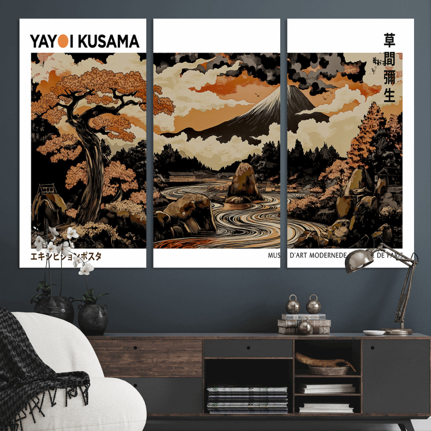 96372548-MGV-CV-36X24-Japanese Landscape Wall Art Print – Mt. Fuji Poster with Bonsai Tree & River, Ukiyo-e Inspired Modern Japanese Artwork, Autumn