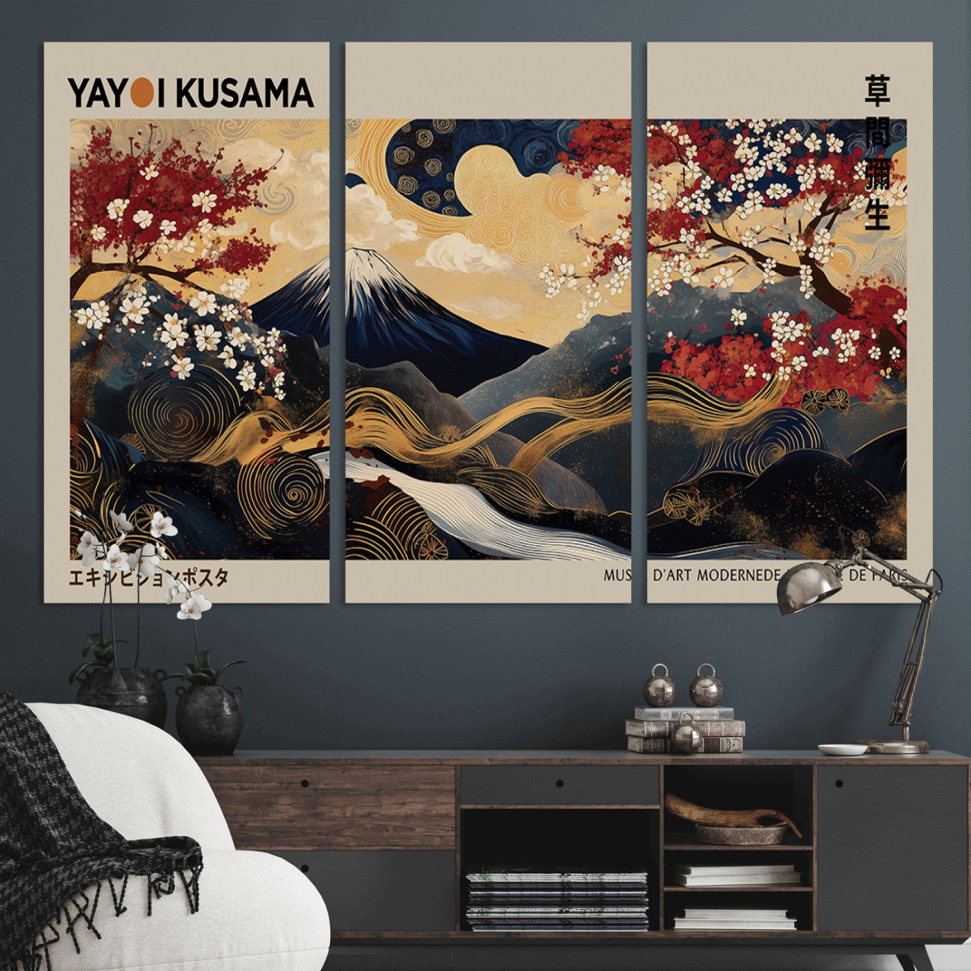 54967195-MGV-CV-48X32-3P-Mount Fuji Wall Art – Japanese Cherry Blossom Abstract Canvas Print, Navy Gold Landscape Painting, Oriental Luxury Home Decor