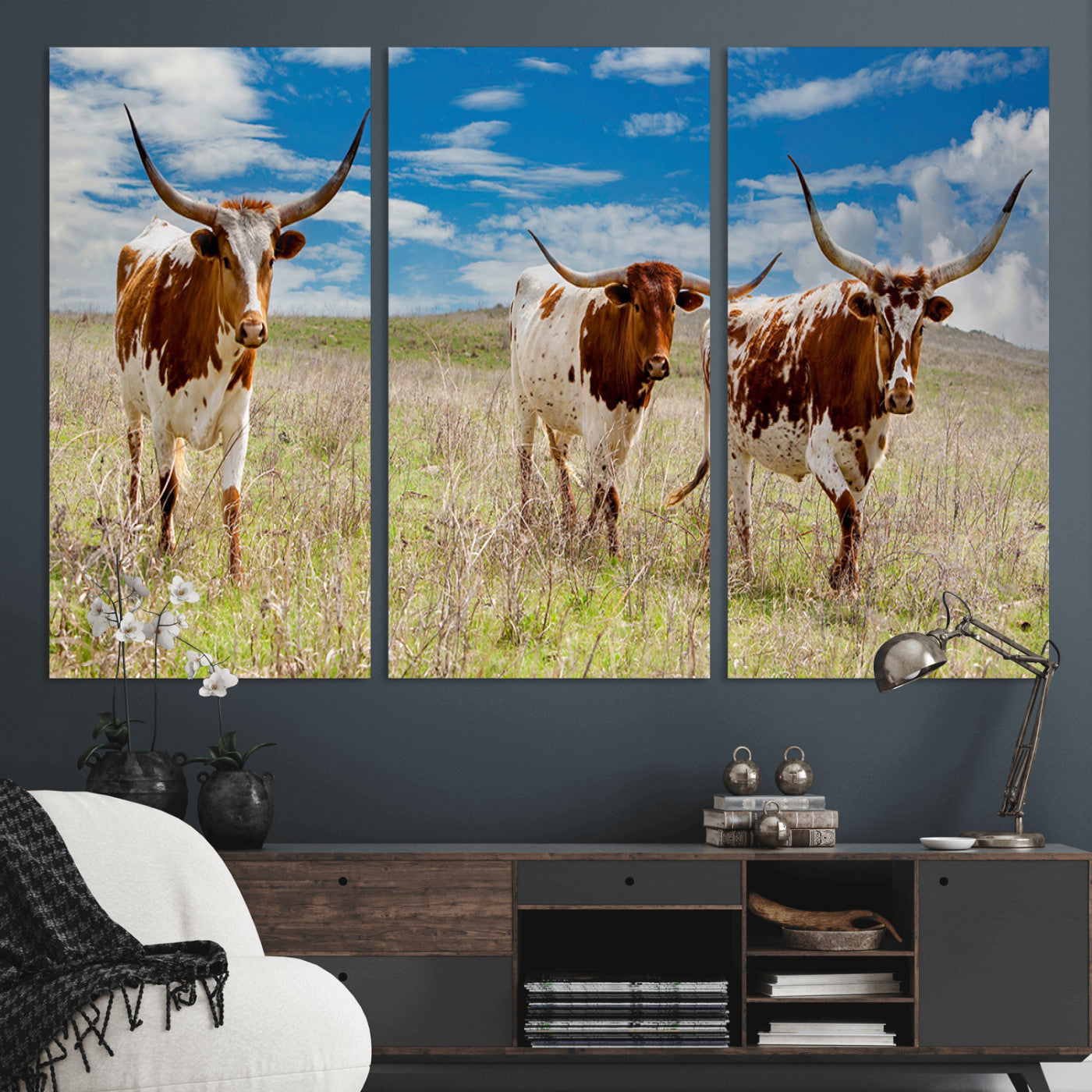 58099948-MGV-CV-48X32-3P-Texas Longhorn Wall Art Canvas Print, Framed Western Decor Art Picture Print, Rustic Farmhouse Perfect Western Farmhouse Decor