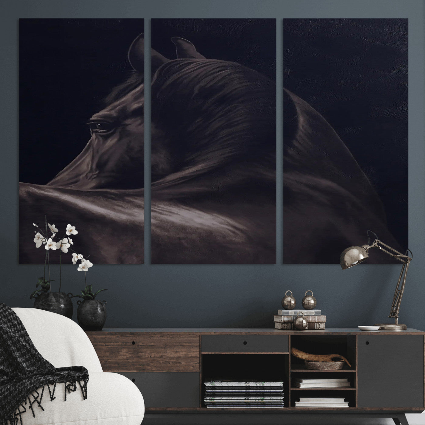 67026880-MGV-CV-36X24-Black Horse Portrait Wall Art Canvas Print, Framed Moody Horse Decor Art Picture Print, Equestrian Wall Style Perfect Masculine