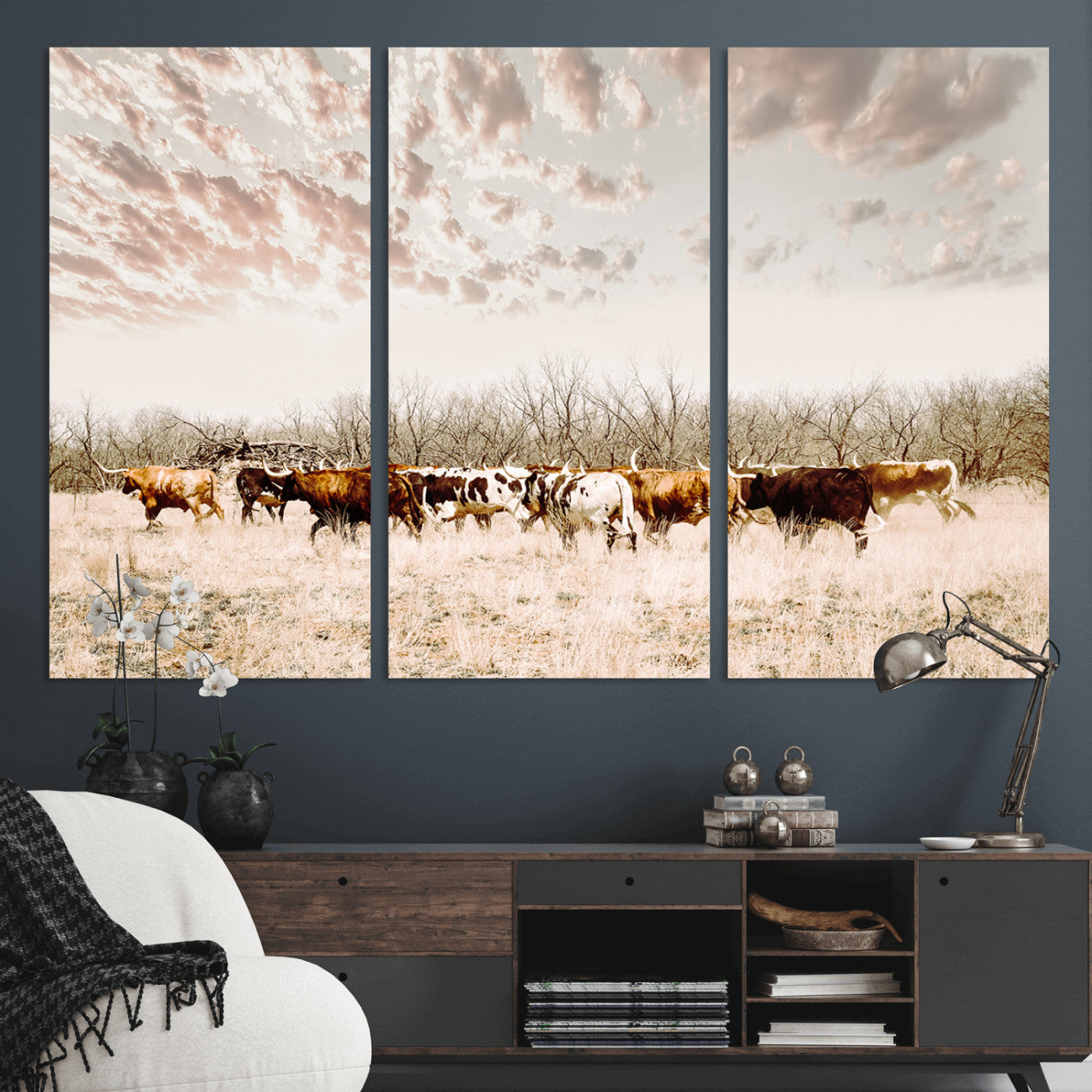 57389417-MGV-CV-48X32-3P-Cow Herd Photography Wall Art Canvas Print, Framed Rustic Farmhouse Decor Art Picture Print, Western Ranch Style Perfect Rustic
