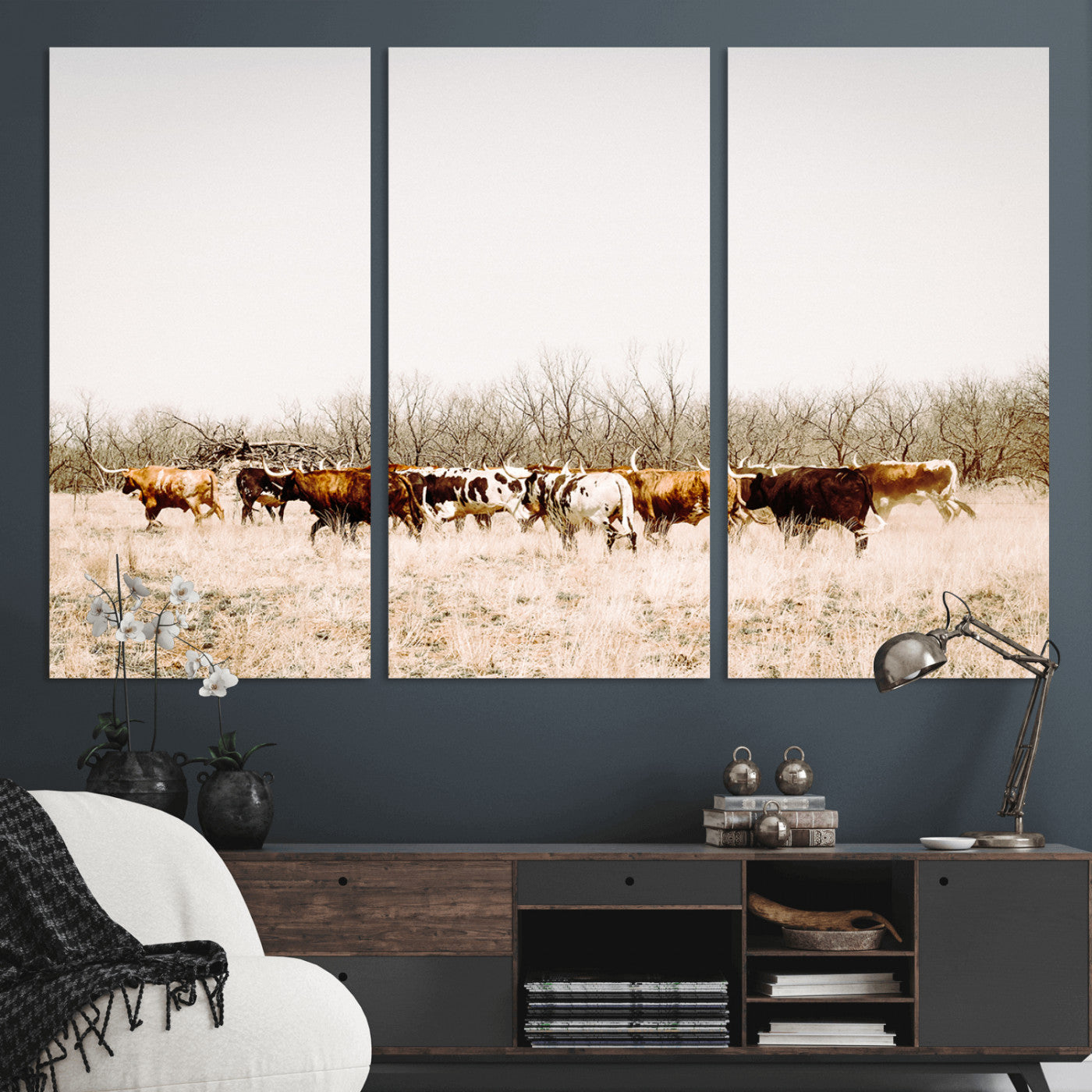 12454132-MGV-CV-36X24-Cow Herd Photography Wall Art Canvas Print, Framed Rustic Farmhouse Decor Art Picture Print, Western Ranch Style Perfect Rustic