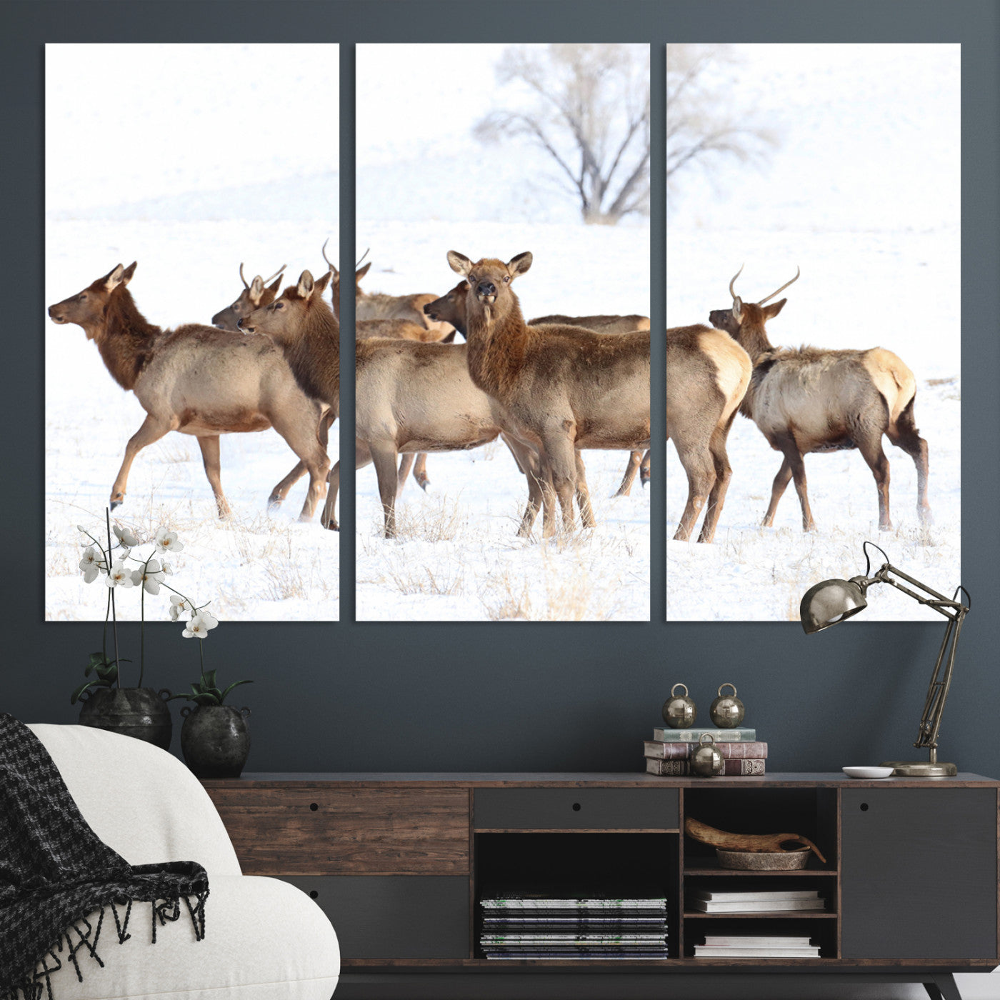 68738684-MGV-CV-36X24-Winter Elk Scene Wall Art Canvas Print, Framed Wildlife Photography Art Picture Print, Snowy Deer Decor Perfect Rustic Lodge Decor
