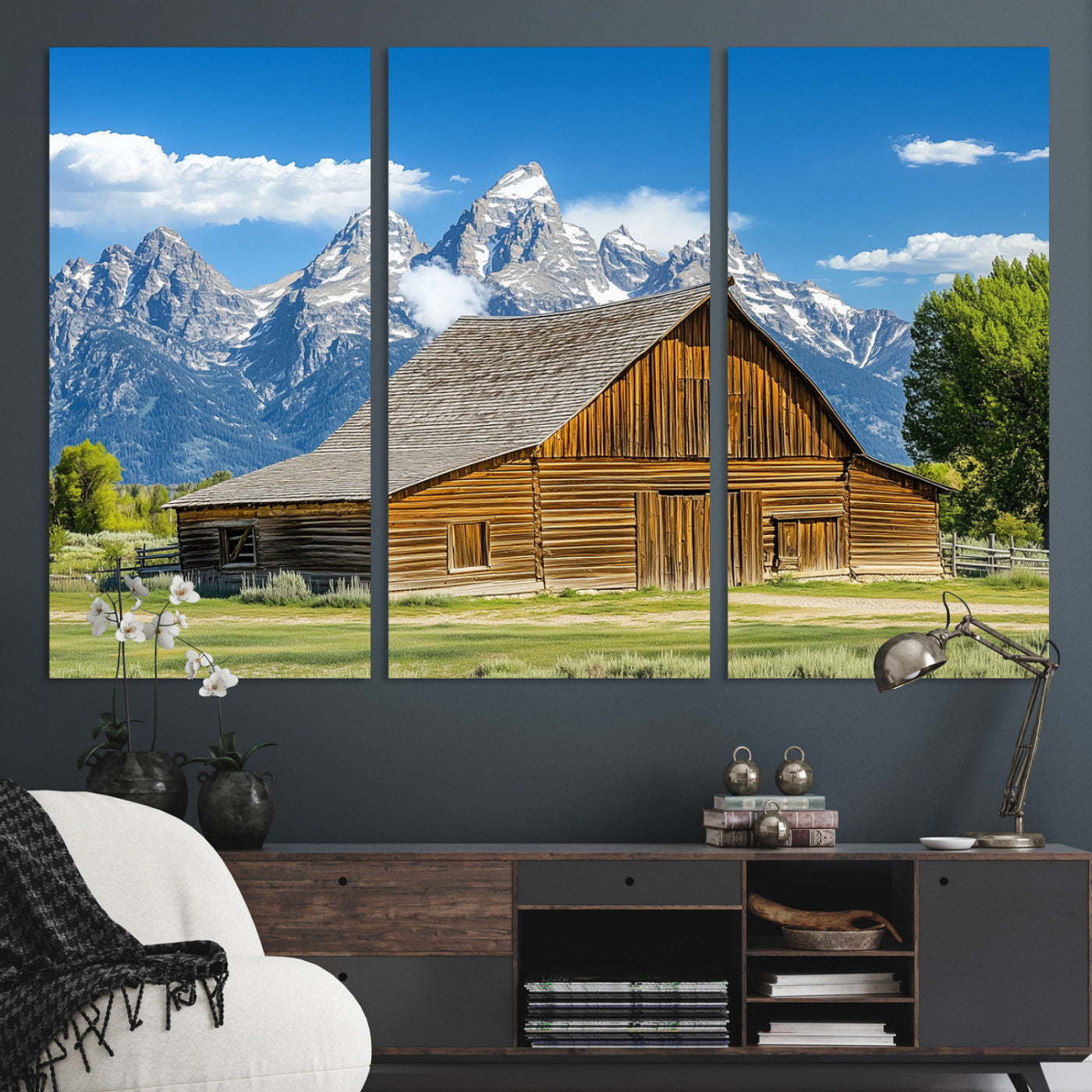 75948467-MGV-CV-36X24-Mountain Barn Scene Wall Art Canvas Print, Framed Rustic Farmhouse Style Art Picture Print, Country Cabin Decor Perfect Rustic