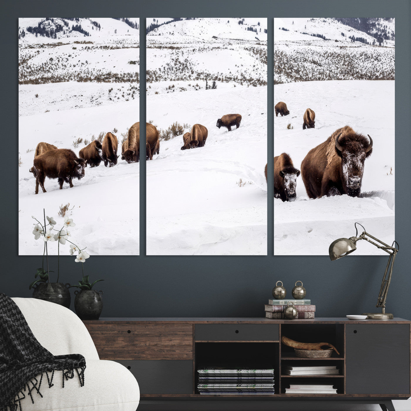 13891210-MGV-CV-36X24-Bison Herd Scene Wall Art Canvas Print, Framed Western Wildlife Decor Art Picture Print, Snowy Mountain Valley Perfect Rustic