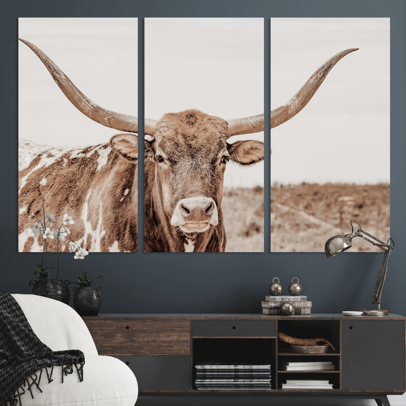 77810049-MGV-CV-48X32-3P-Longhorn Bull Photo Wall Art Canvas Print, Framed Rustic Cow Decor Art Picture Print, Neutral Farmhouse Style Perfect Rustic