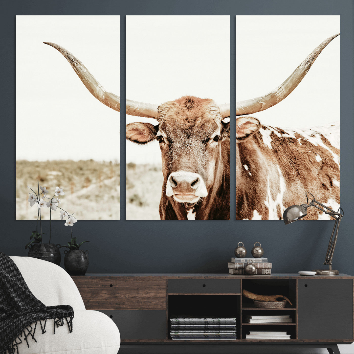 98924580-MGV-CV-48X32-3P-Texas Longhorn Bull Wall Art Canvas Print, Framed Rustic Farmhouse Decor Art Picture Print, Western Animal Theme Perfect Rustic