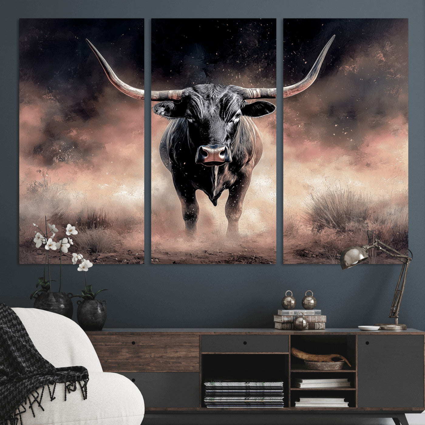 71457818-MGV-CV-36X24-Longhorn Wall Art Wall Art Canvas Print, Framed Western Bull Canvas Art Picture Print, Rustic Cow Decor Perfect Western Dramatic