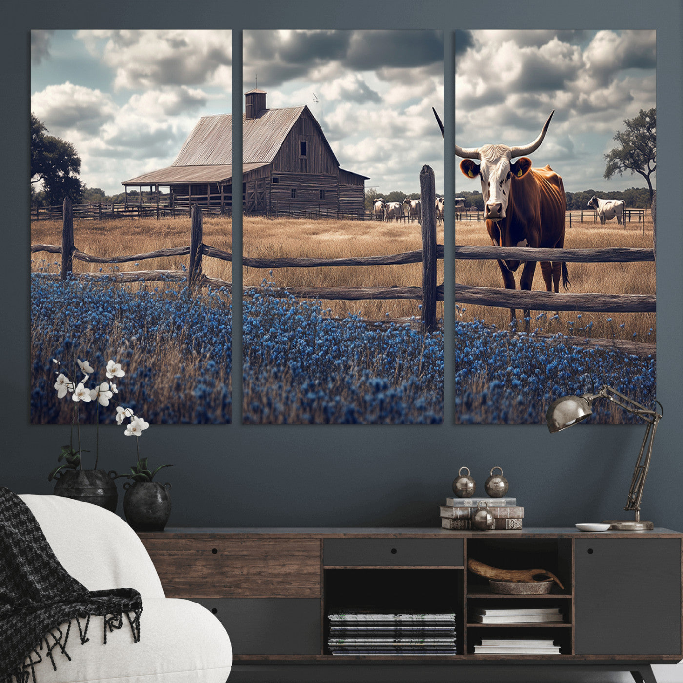 51092814-MGV-CV-48X32-3P-Texas Longhorn Wall Art Wall Art Canvas Print, Framed Rustic Barn Canvas Art Picture Print, Farmhouse Cow Decor Perfect Rustic