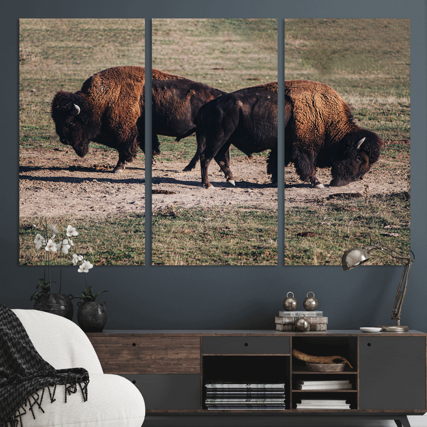 58141885-MGV-CV-48X32-3P-Bison Photography Wall Art Canvas Print, Framed Western Wildlife Art Picture Print, Modern Ranch Perfect Western Rustic Decor